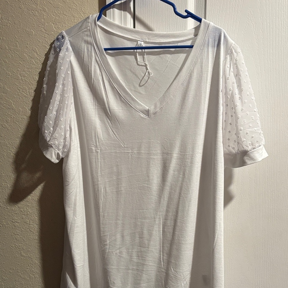 White V-Neck Top with Sheer Textured Sleeves- 2x